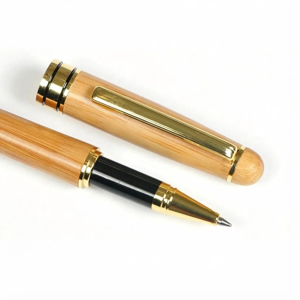 Bamboo Roller Pen with golden accents, showcasing stylish design and smooth writing experience.