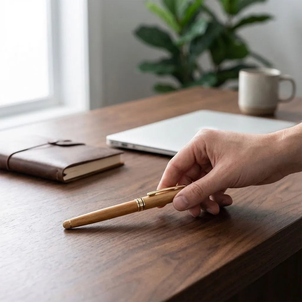 Hand holding a bamboo pen on a desk with a laptop, notebook, and plant in the background.