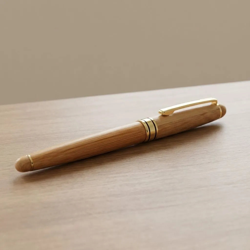 Bamboo pen with gold accents on a light wooden surface