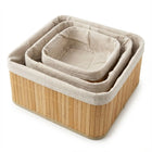3-Piece Multi Size Bamboo Storage Basket Set featuring natural bamboo slats and soft cloth lining for stylish organization.