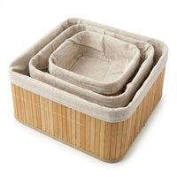 3-Piece Multi Size Bamboo Storage Basket Set featuring natural bamboo slats and soft cloth lining for stylish organization.
