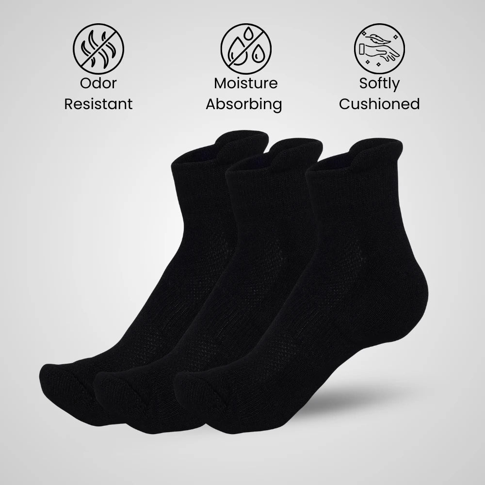 Bamboo Ankle Socks – Pack of 3 | Soft, Cushioned & Odor Resistant  | Black