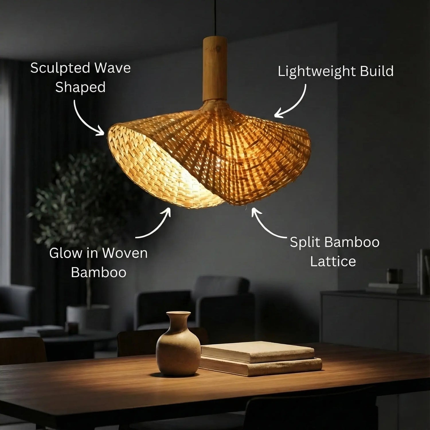 Woven bamboo pendant light with features highlighted in a dimly lit room.