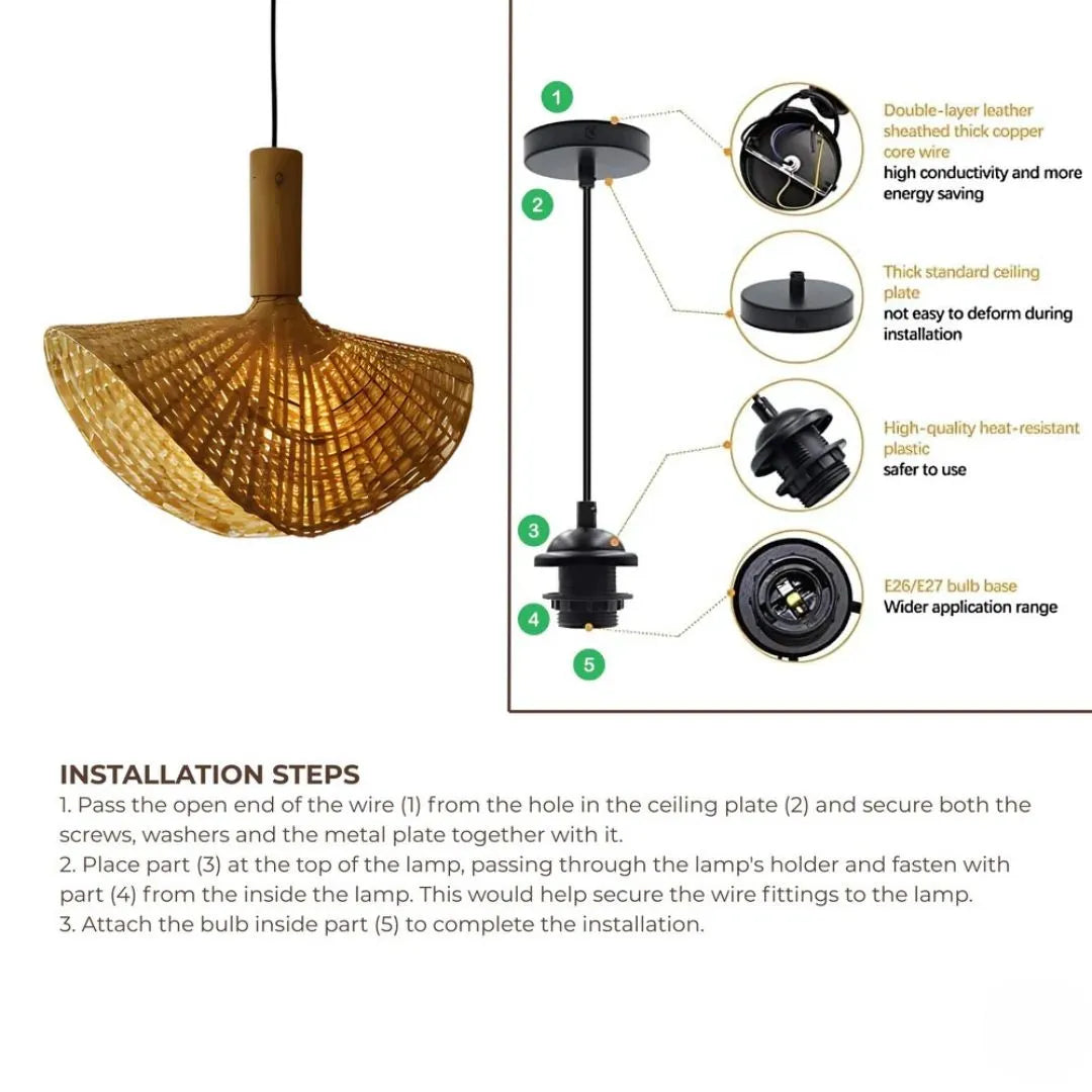 Woven bamboo pendant light with installation diagram and steps on a white background