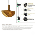 Woven bamboo pendant light with installation diagram and steps on a white background