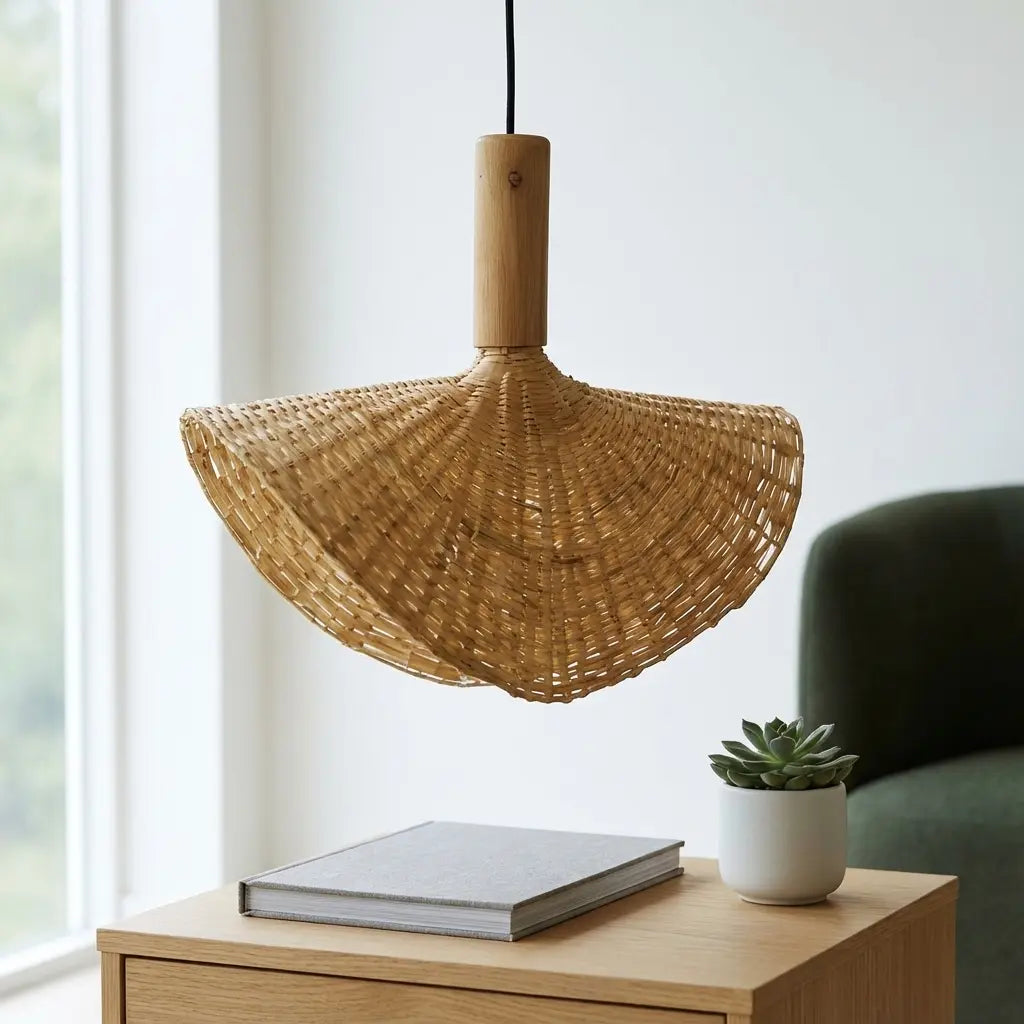 Woven bamboo pendant light hanging above a wooden table with a book and plant.