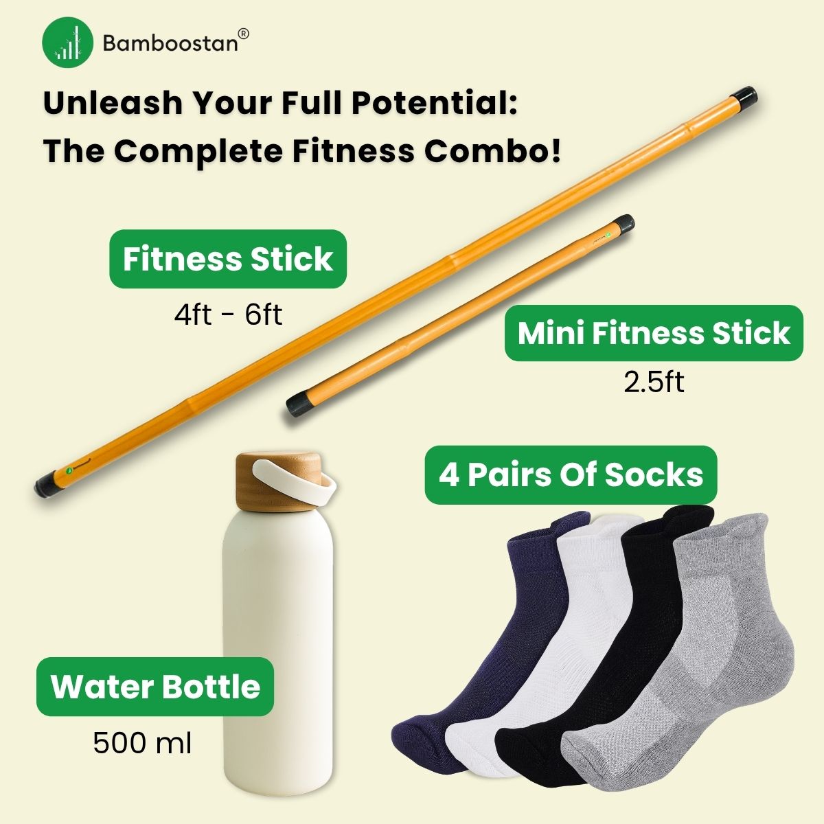 Complete Fitness Combo - Fitness Stick | Pranayam Stick | Water Bottle |Socks 4 pairs (White, Black, Navy Blue, Gray)