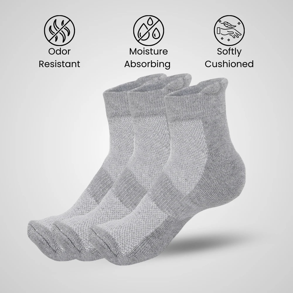 Bamboo Ankle Socks – Pack of 3 | Soft, Cushioned & Odor Resistant  | Gray