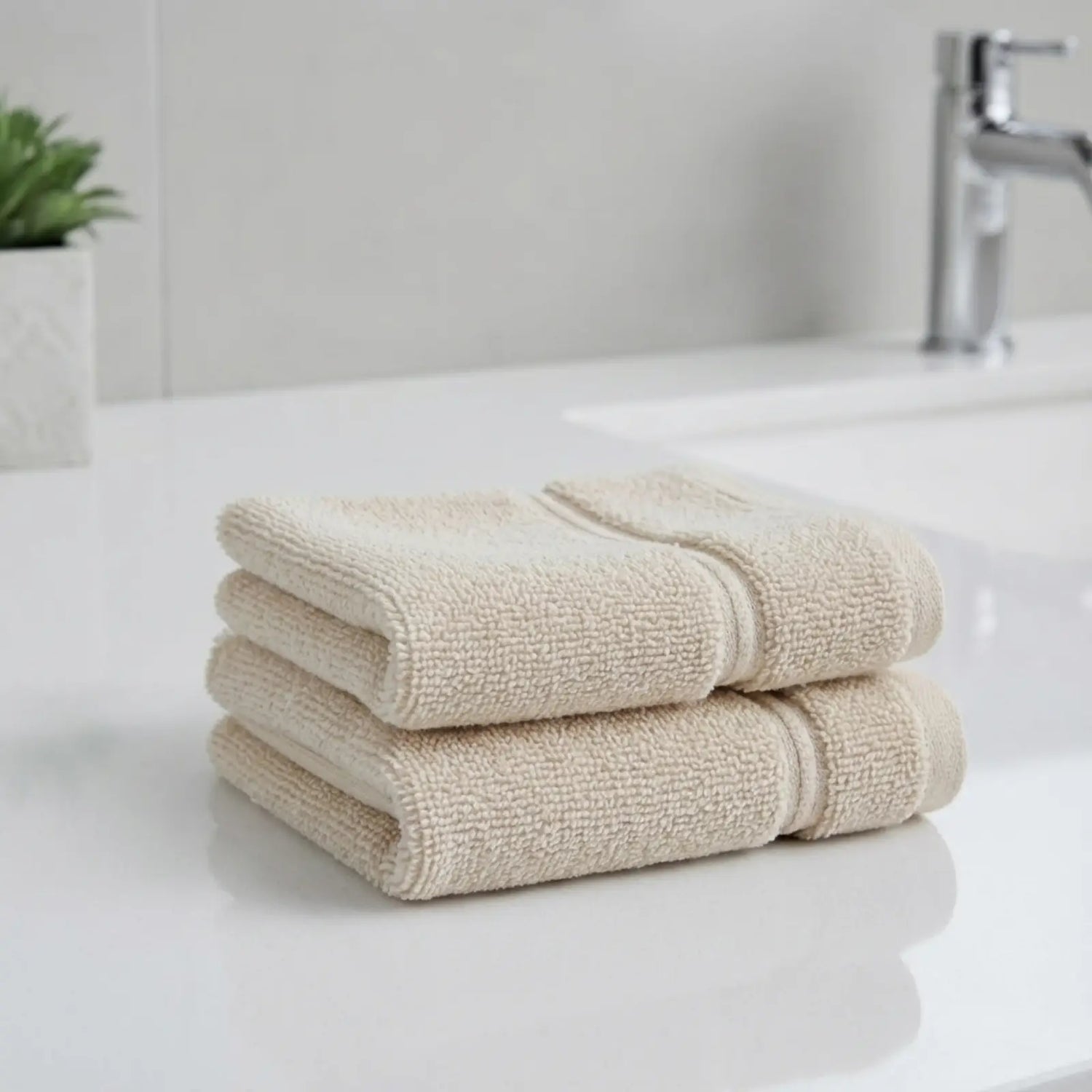 Stack of beige color bamboo hand towels on a white surface with a blurred bathroom background