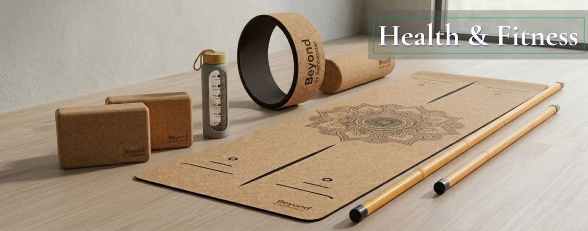 Health and fitness items including a yoga mat, blocks, and sticks on a wooden surface with 'Beyond' branding.