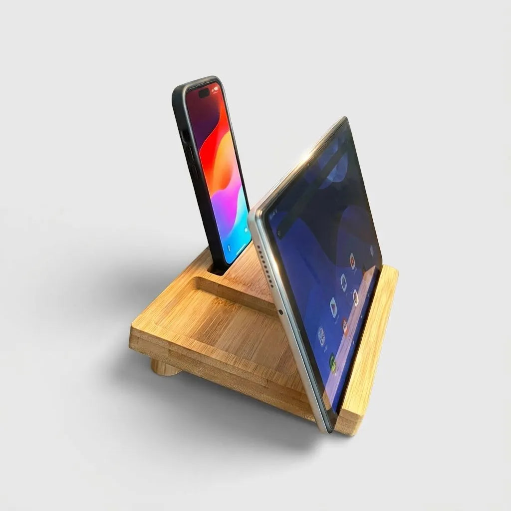Bamboo phone stand holding two smartphones on a light gray background