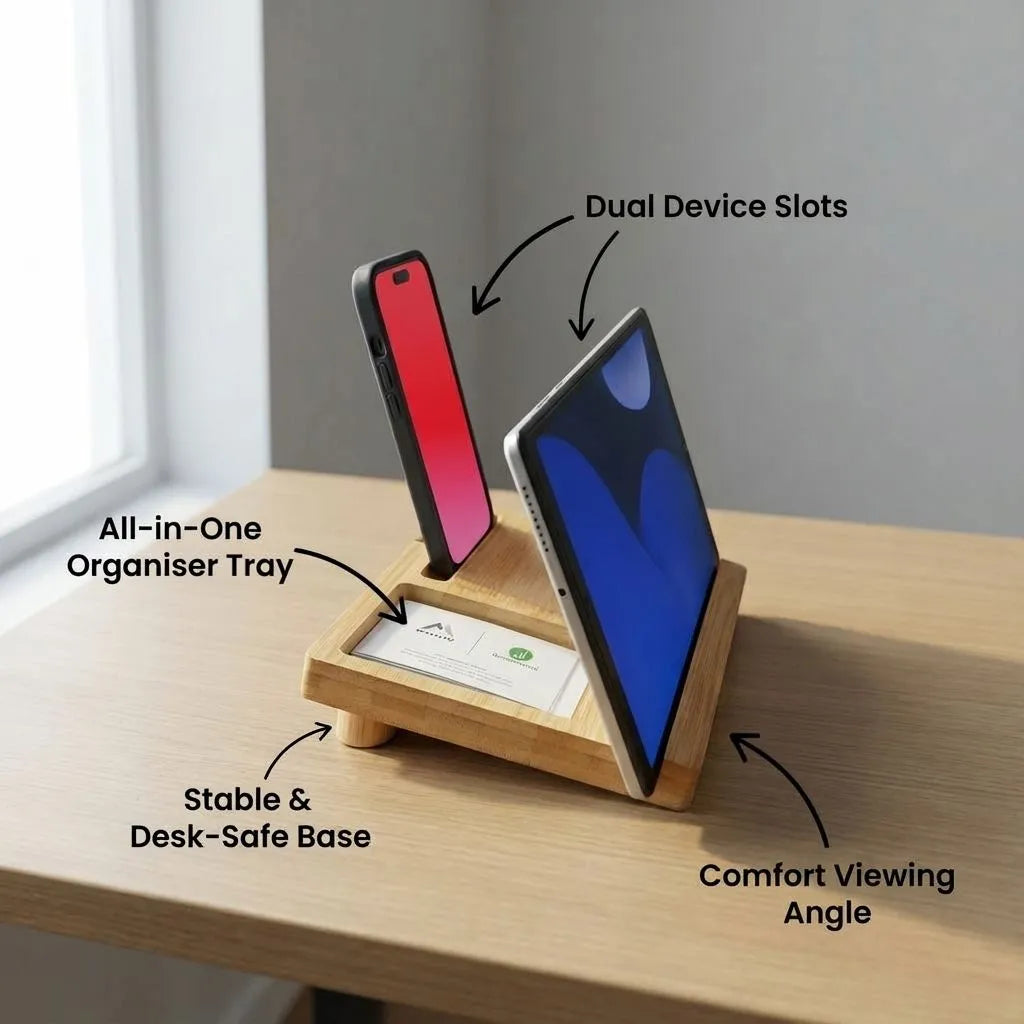 Bamboo multi-device stand with dual slots for phone and tablet on a desk.