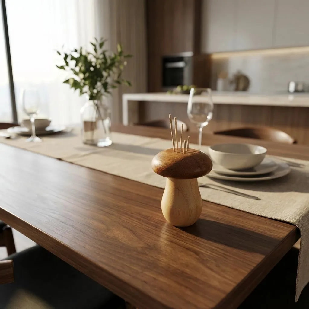 Bambooo mushroom-shaped salt and pepper shaker on a dining table with a blurred kitchen background