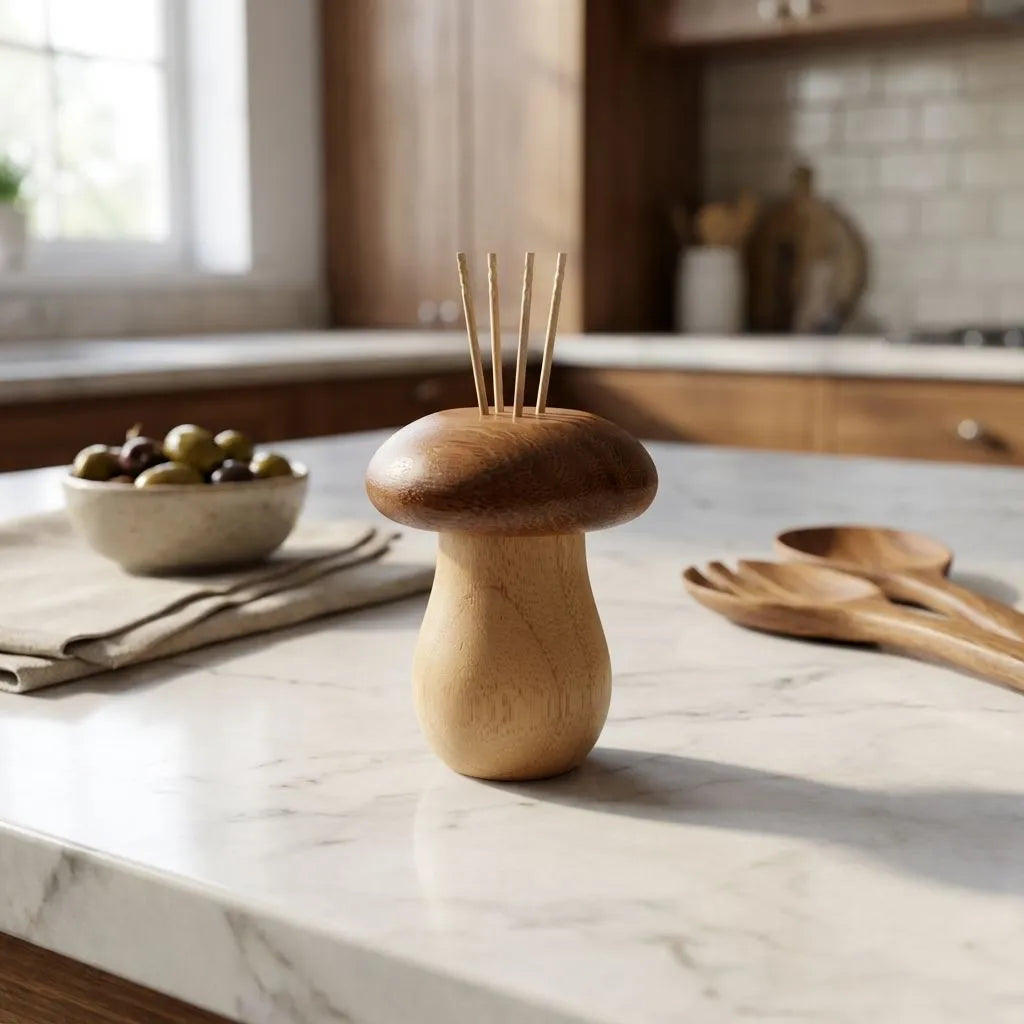 Mushroom shape bamboo toothpick holder on a kitchen counter with a bowl of olives and wooden utensils in the background.