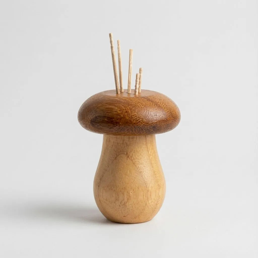 Bamboo mushroom-shaped pin cushion with pins on a light gray background