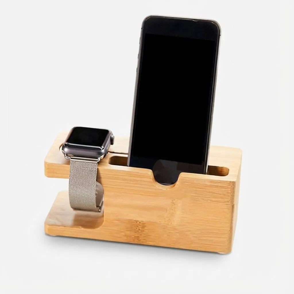 Bamboo charging stand with a smartphone and smartwatch on a white background