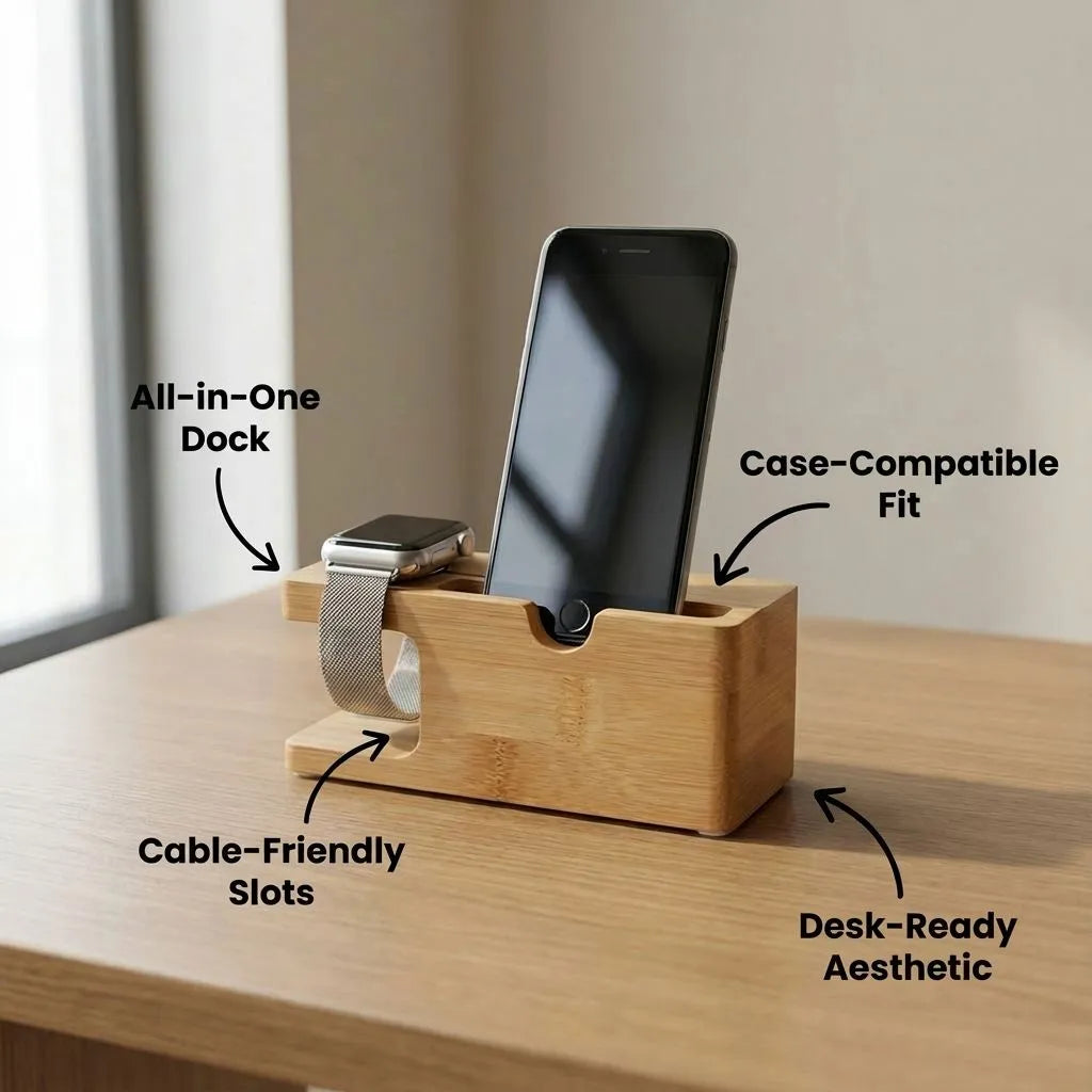 Bamboo dock with phone and watch on a desk, labeled features.