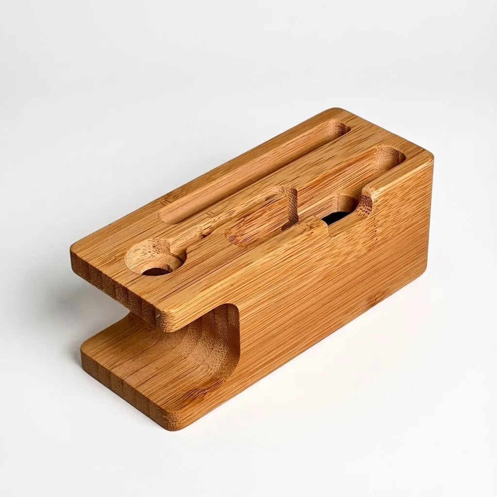 Bamboo phone stand on a white background