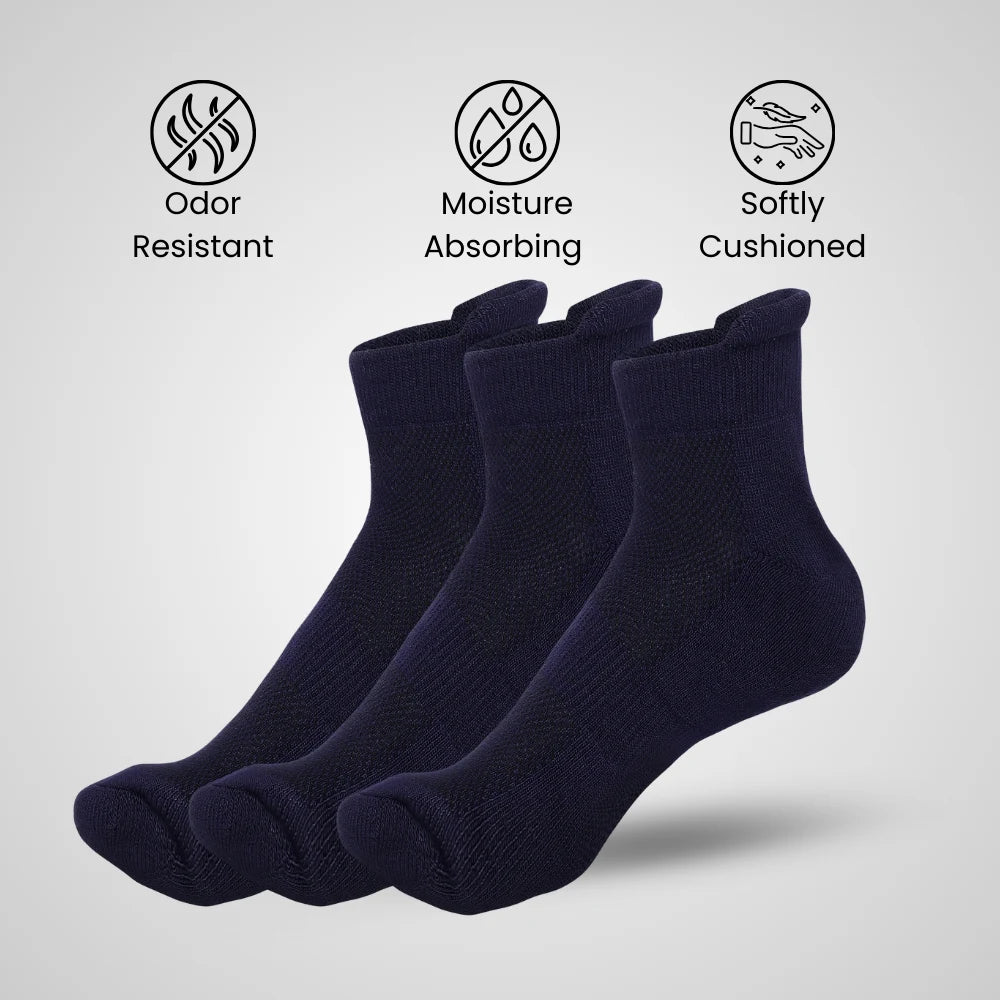 Bamboo Ankle Socks – Pack of 3 | Soft, Cushioned & Odor Resistant  | Navy Blue