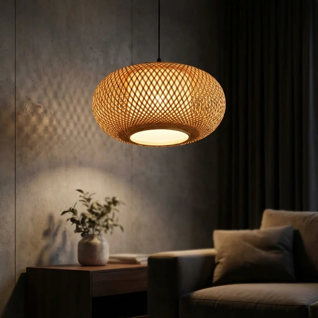 Woven bamboo pendant lamp hanging in a dimly lit room with a plant and sofa.
