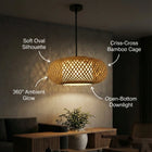 Woven bamboo pendant lamp with labeled features in a room setting