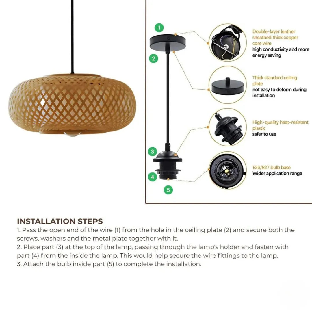 Woven bamboo pendant lamp with installation diagram and steps on a white background