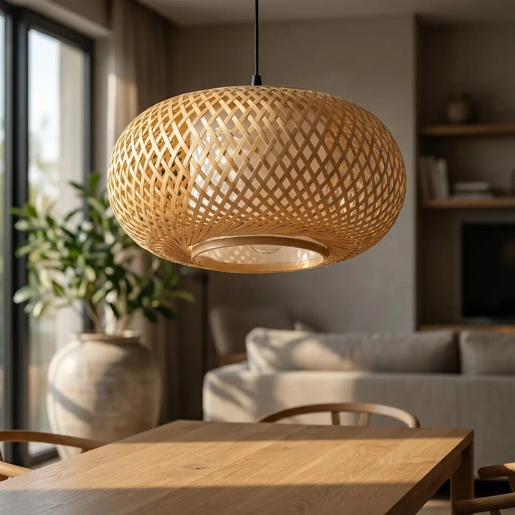 Woven bamboo pendant lamp hanging above a wooden table in a living room.