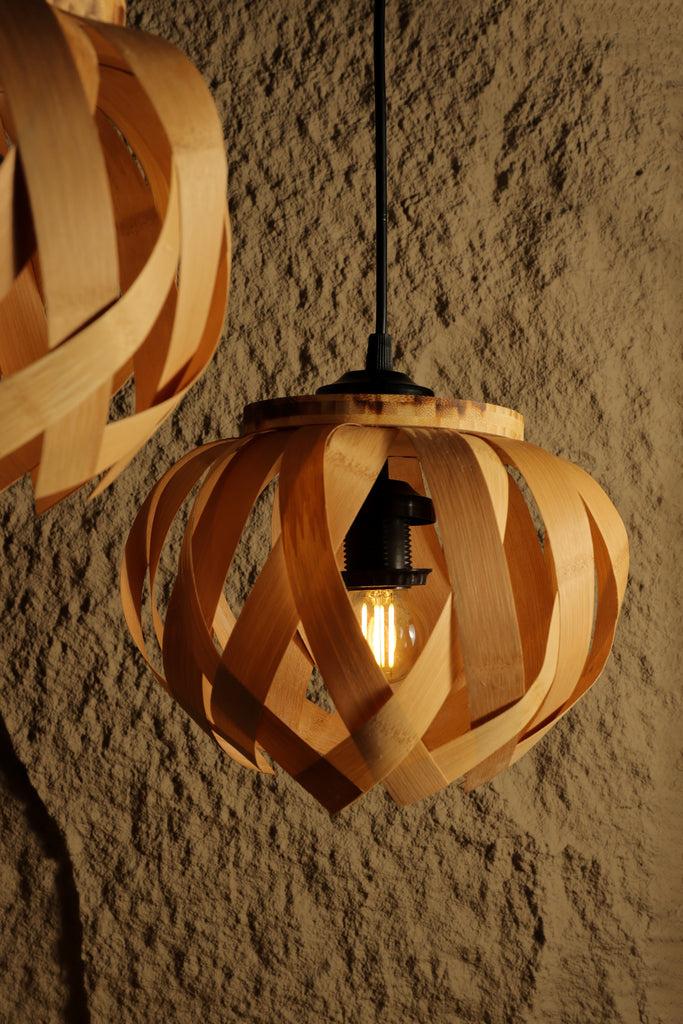 Peach Bamboo Pendant Lamp – Handcrafted Spiral Design for Modern Interiors