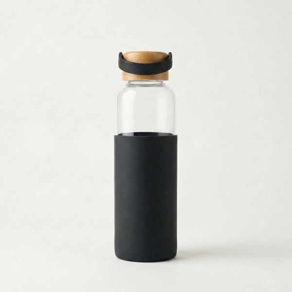 Bamboo Water Bottle with silicone grip and bamboo cap for easy handling and travel.