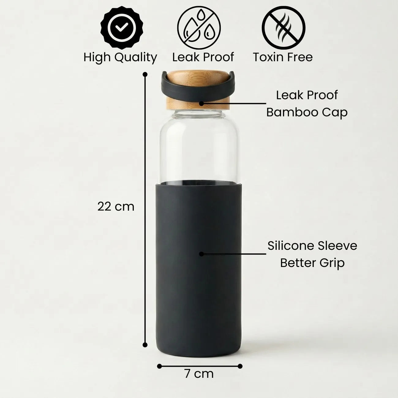 Bamboo Water Bottle with leak proof bamboo cap and silicone sleeve for better grip, 22 cm tall, 7 cm wide.