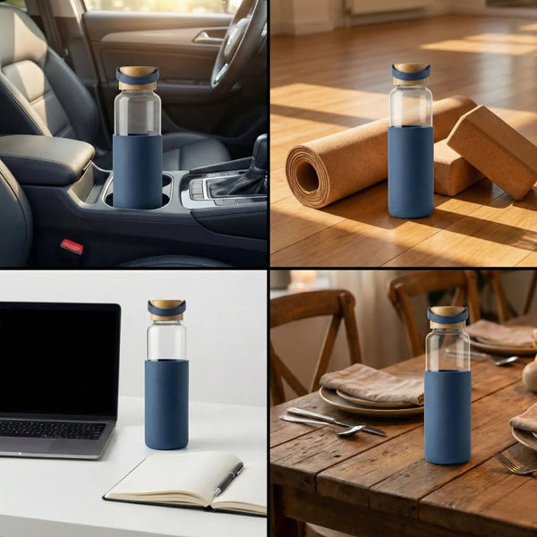 Bamboo Water Bottle in a car cup holder, next to packing materials, on a desk, and at a dining table.