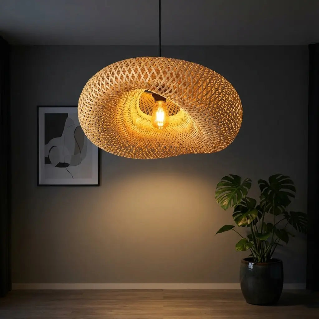 Woven bamboo pendant light fixture in a room with a plant and framed picture on the wall.