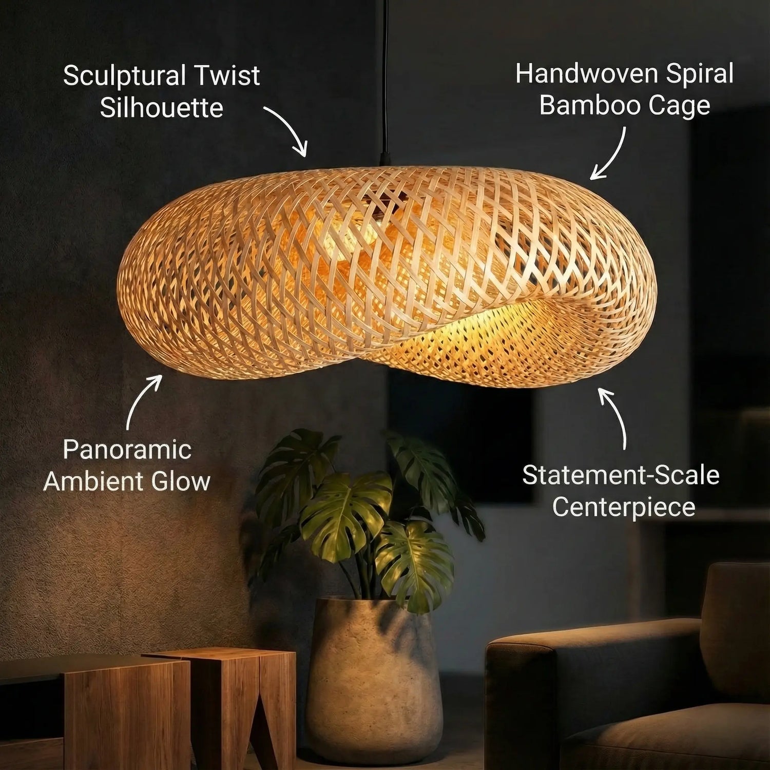 Woven bamboo lamp with text highlighting features against a dark background