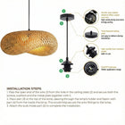 Bamboo pendant lamp with installation diagram and steps on a white background