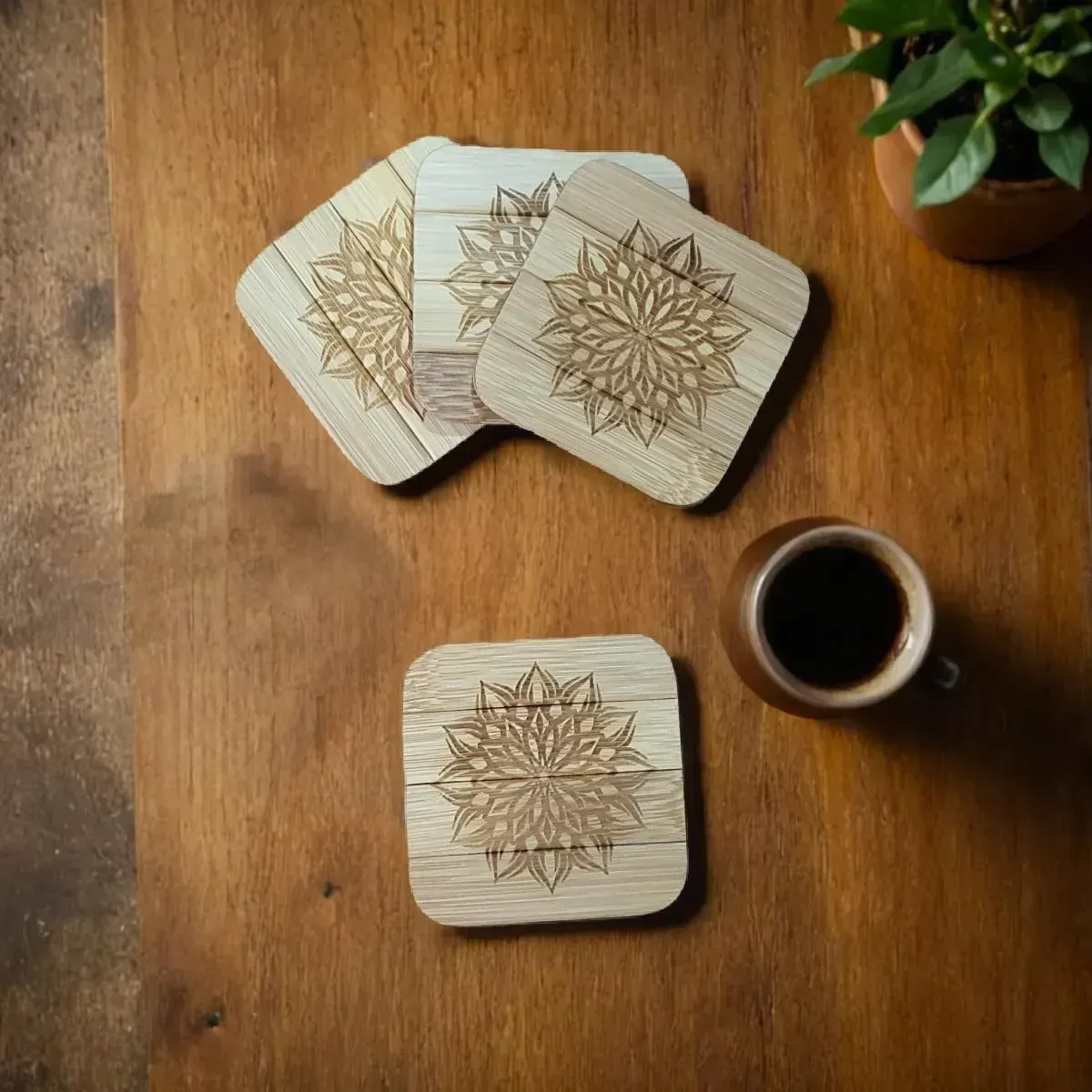 Bamboo Mandala Art Tea Coaster (pack of 4)
