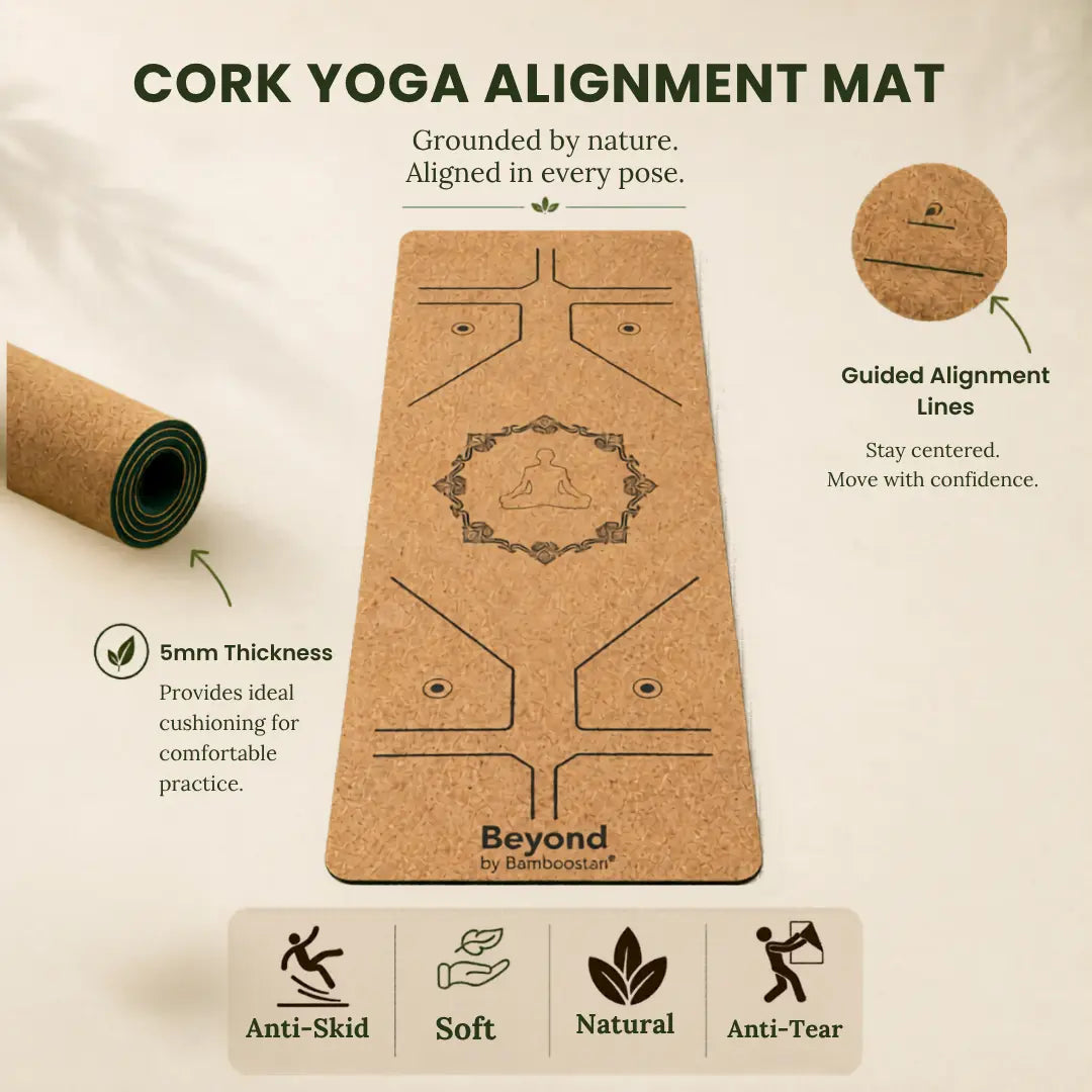 Cork Yoga Alignment Mat — Heritage design with botanical pattern.