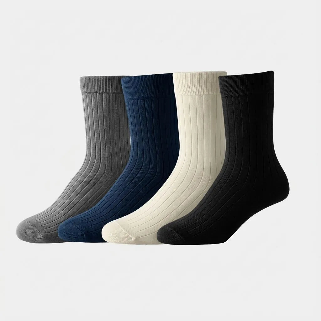 Four pairs of bamboo socks in gray, blue, white, and black on a light gray background