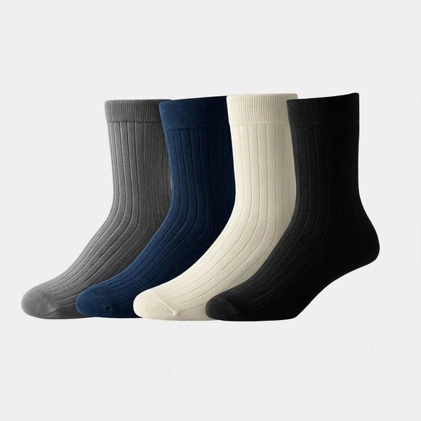 Bamboo Crew Socks in four colors: gray, navy, cream, and black, showcasing stylish comfort and versatility.