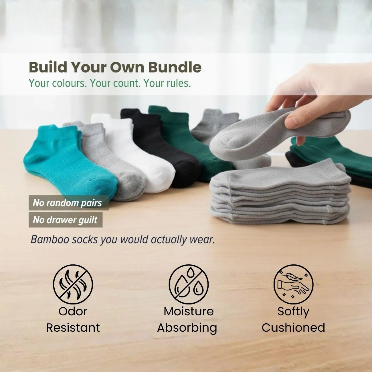 Bamboo Ankle Socks showcased in a Build Your Own Bundle, featuring various colors and highlighting comfort and absorbency.