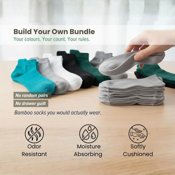 Bamboo Ankle Socks showcased in a Build Your Own Bundle, featuring various colors and highlighting comfort and absorbency.