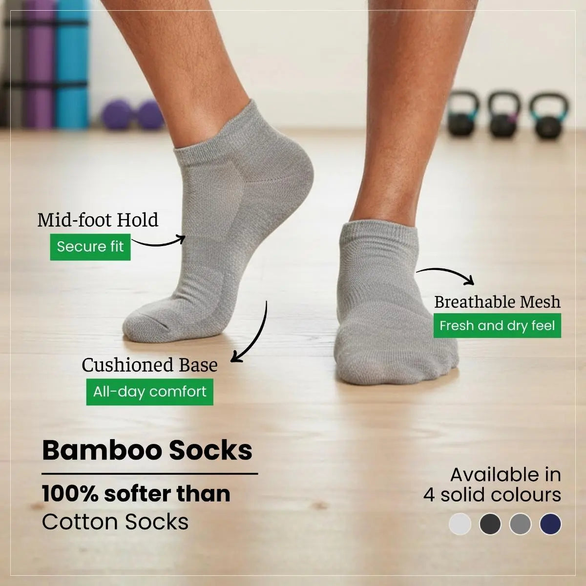 Bamboo Ankle Socks showcasing features like breathable mesh, cushioned base, and mid-foot hold for all-day comfort.