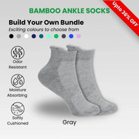 Bamboo Ankle Socks in gray color with features like odor resistant, moisture absorbing, and softly cushioned.