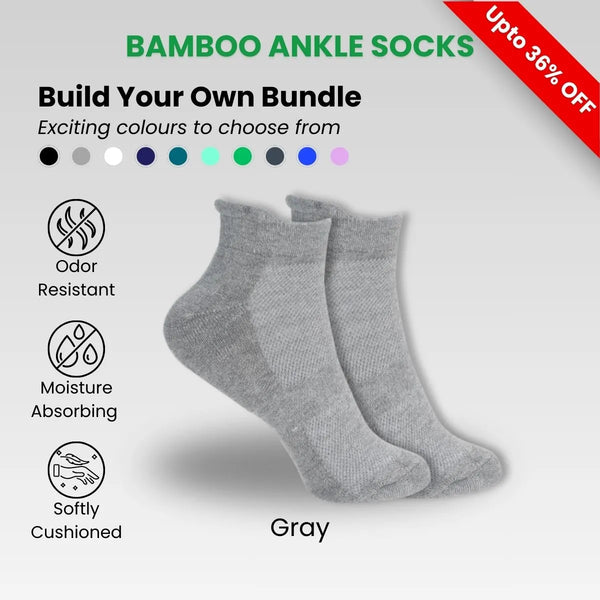 Bamboo Ankle Socks in gray color with features like odor resistant, moisture absorbing, and softly cushioned.
