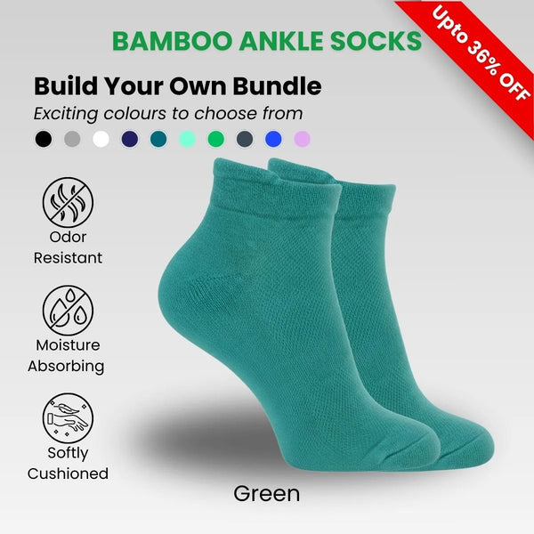 Bamboo Ankle Socks in green color, Build Your Own Bundle, offering moisture absorbing and odor resistant features.