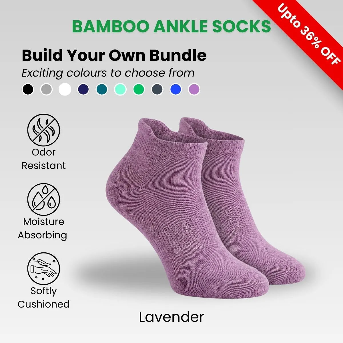 Bamboo Ankle Socks in lavender color, featuring odor resistance, moisture absorption, and soft cushioning.