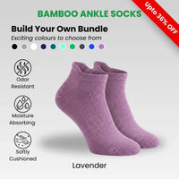 Bamboo Ankle Socks in lavender color, featuring odor resistance, moisture absorption, and soft cushioning.