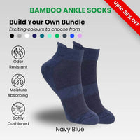 Bamboo Ankle Socks in Navy Blue, featuring odor resistant, moisture absorbing, and softly cushioned design for comfort.
