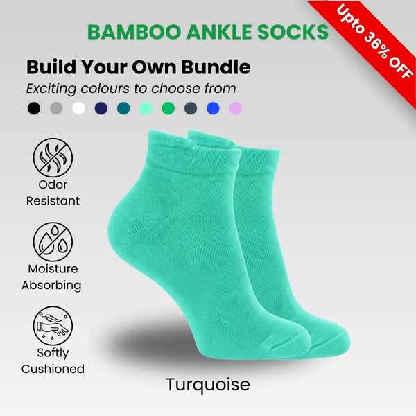 Bamboo Ankle Socks in turquoise, Build Your Own Bundle with odor resistant and moisture absorbing features.