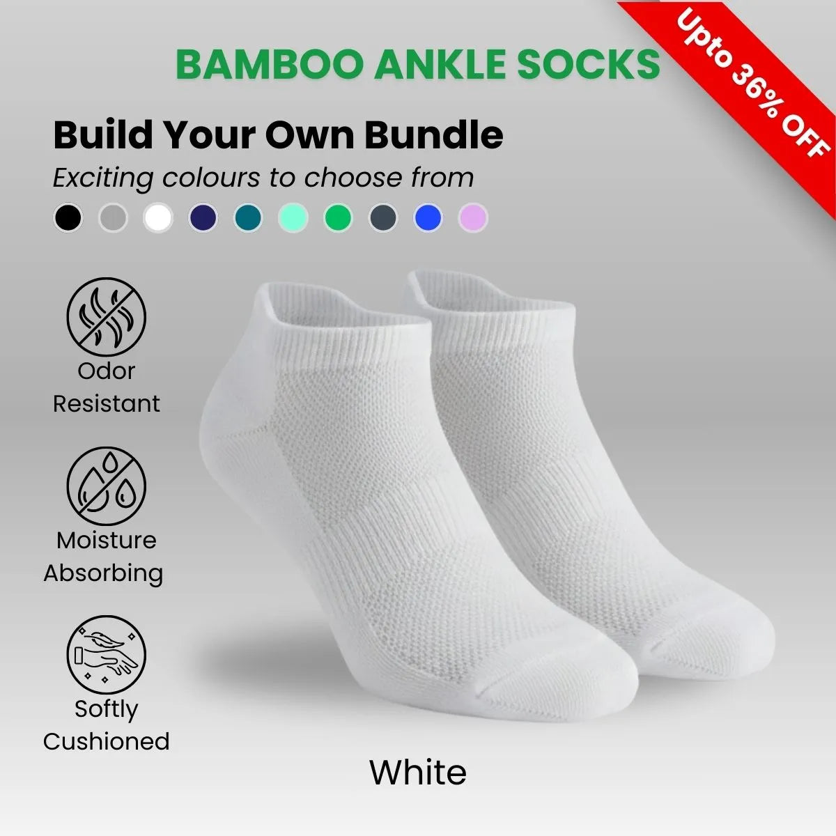 Bamboo Ankle Socks - Build Your Own Bundle in white with features like odor resistance, moisture absorption, and cushioning.