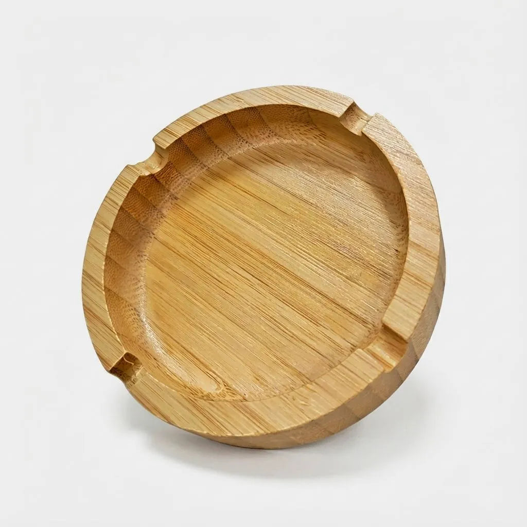 Round Bamboo Ashtray with cigarette rests, ideal for stylish and eco-friendly living.